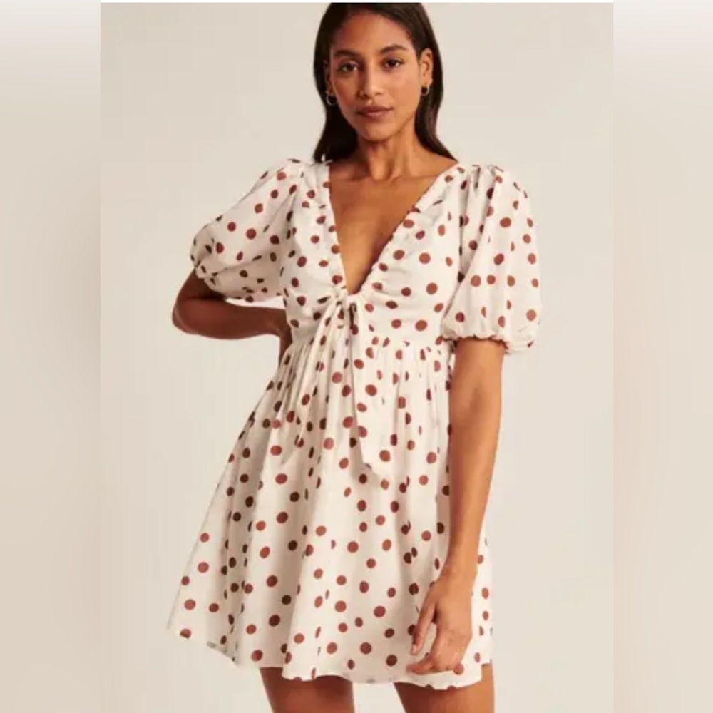 Abercrombie & Fitch Size XS Puff Sleeve Mini Dress Cream Brown Polka Dot